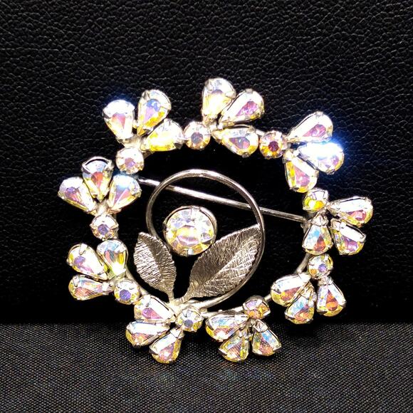 Vintage Sterling Silver Rhinestone Wreath Brooch, AB Rhinestones - Picture 9 of 10